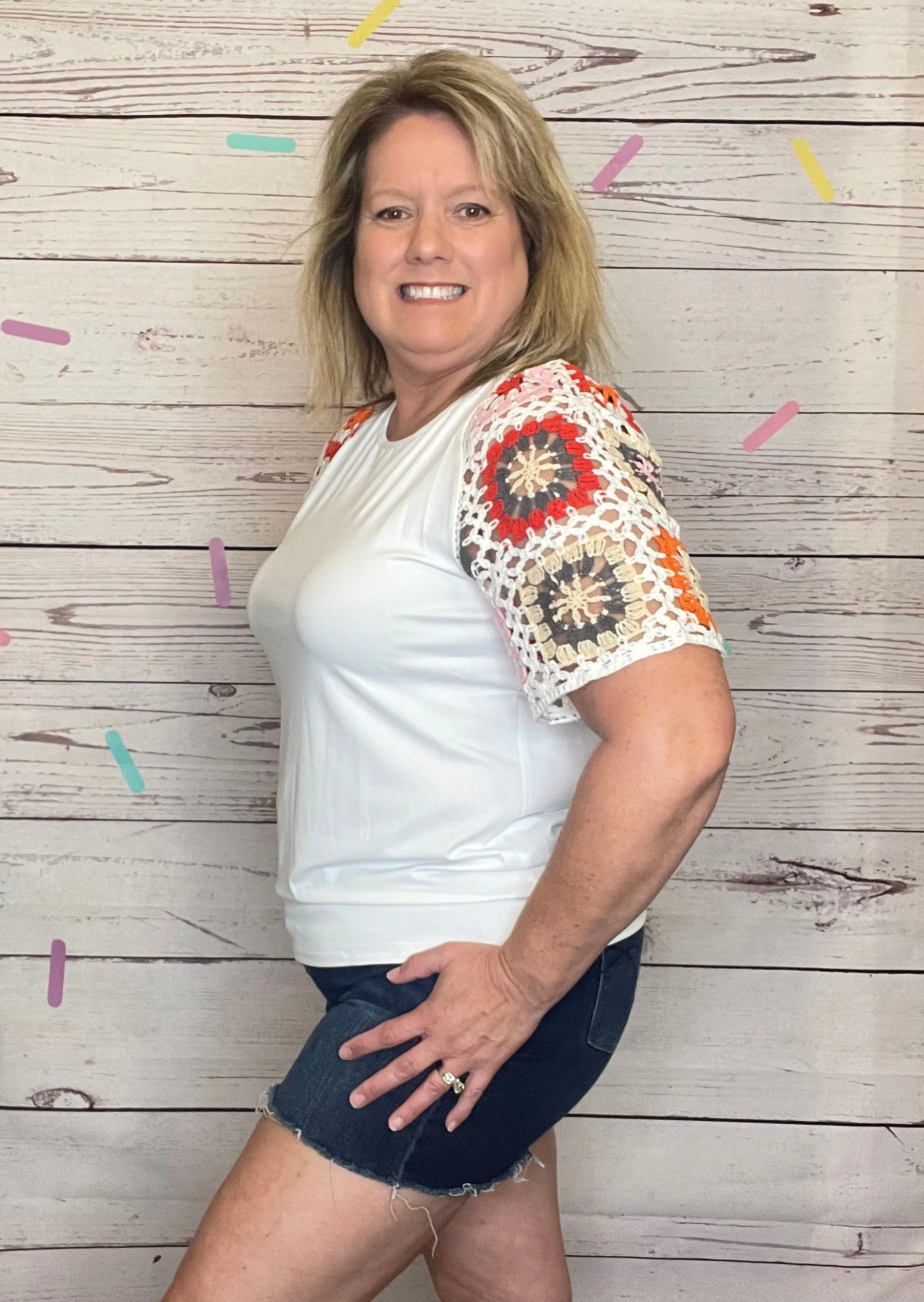 White Floral Crochet Sleeve Top