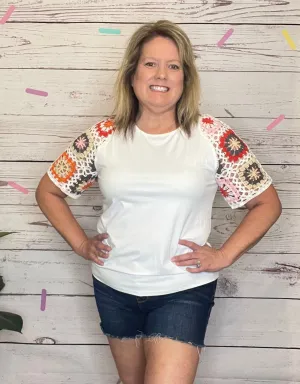 White Floral Crochet Sleeve Top