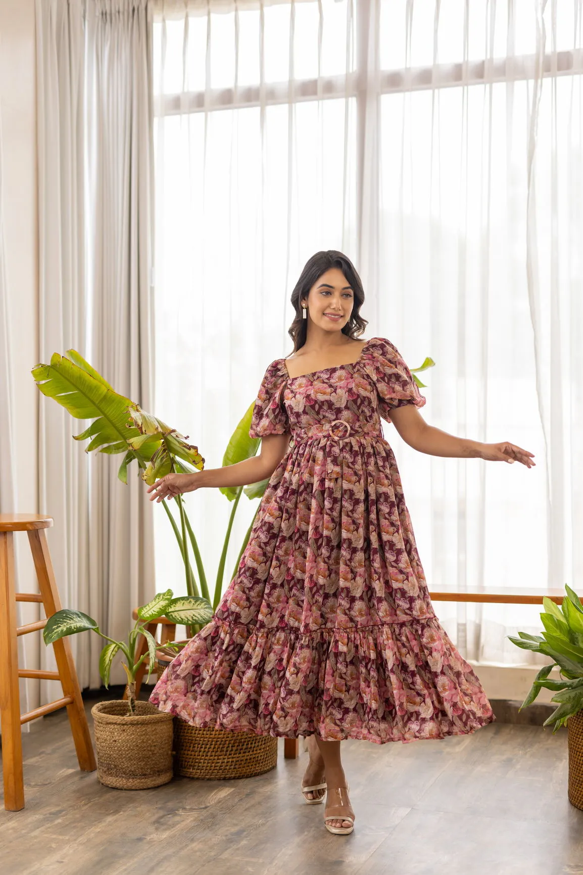 WINE FLORAL BELTED MAXI