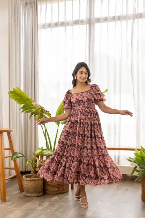 WINE FLORAL BELTED MAXI